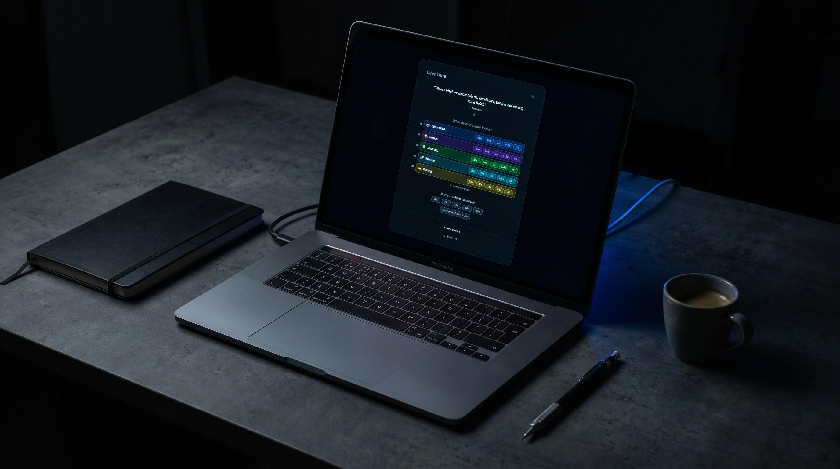 A MacBook Pro on a dark desk showing DeepTime's full-screen focus picker